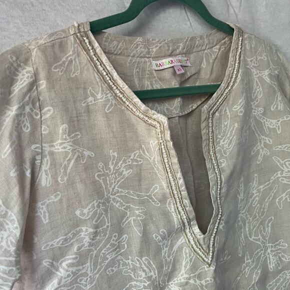 Barbara Gerwit Tan/White Linen Coral Pattern 3/4 Sleeve Tunic Top - Picture 3 of 7